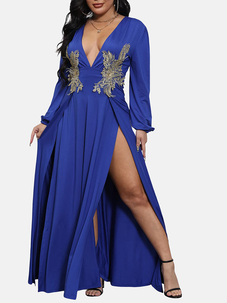 Elegant Maxi Dress with High Split and Embellished Waist - View 11 | Lwiis