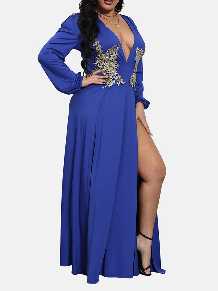 Elegant Maxi Dress with High Split and Embellished Waist - View 13 | Lwiis