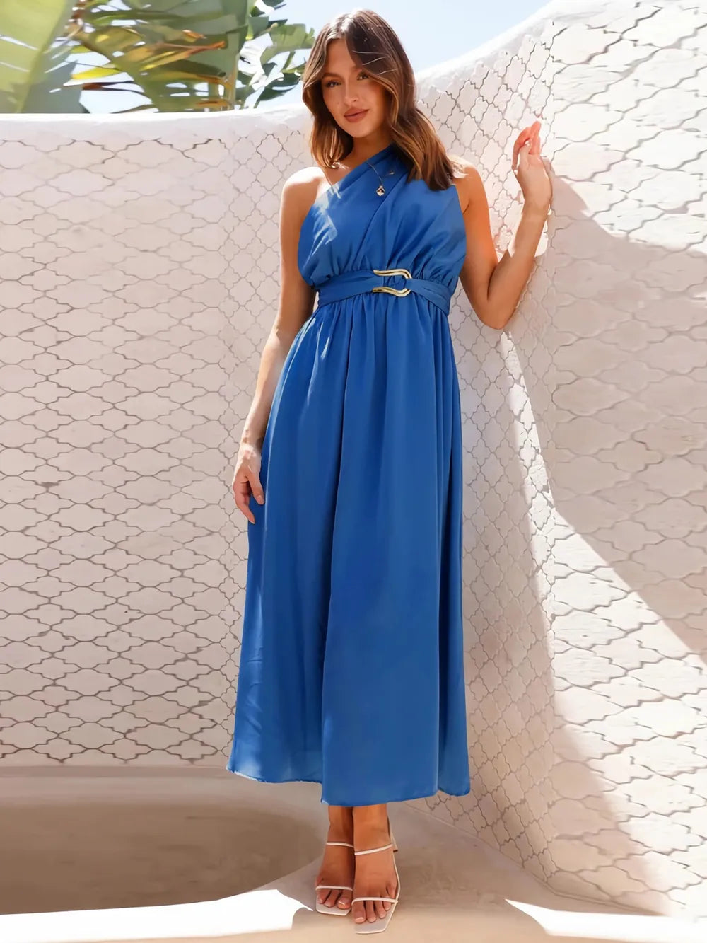 Asymmetrical neckline midi dress - View 13 | Lwiis