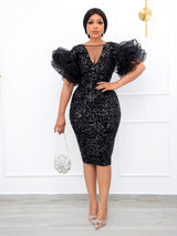 Sequin V-Neck Puff Sleeve Party Dress - View 8 | Lwiis