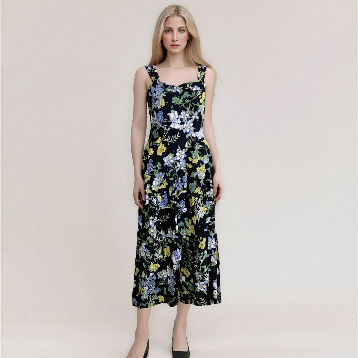 Woman wearing a black floral print midi dress with a square neckline and adjustable straps