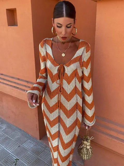 Geometric chevron knit maxi dress with long sleeves and tie neckline - View 9 | Lwiis