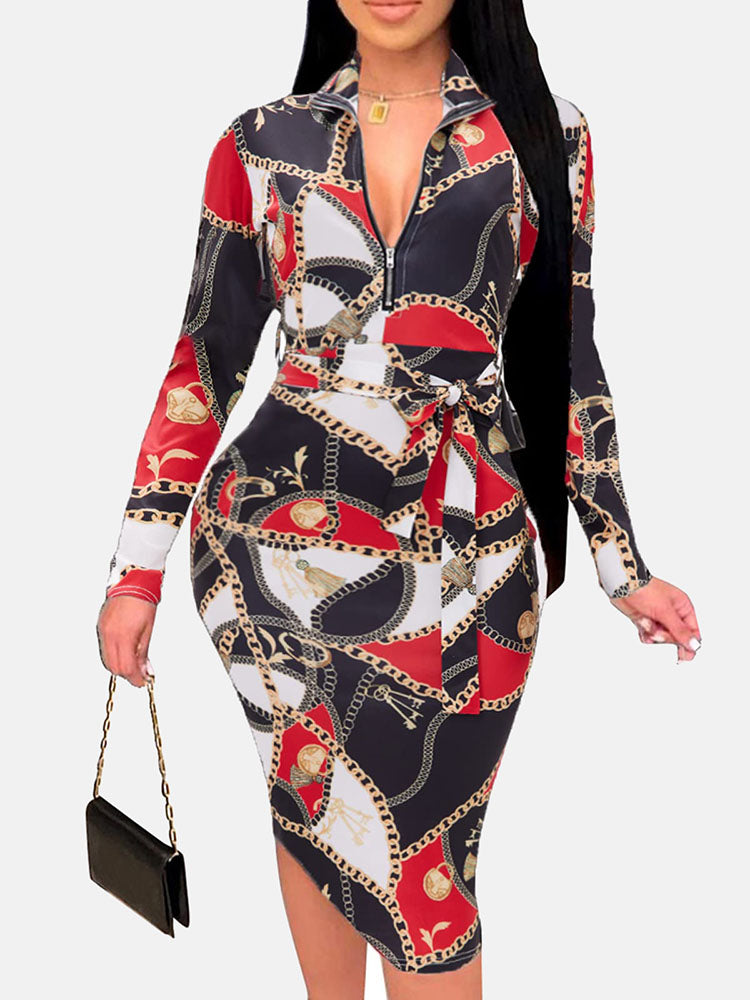 Zipper Print Midi Dress - View 6 | Lwiis