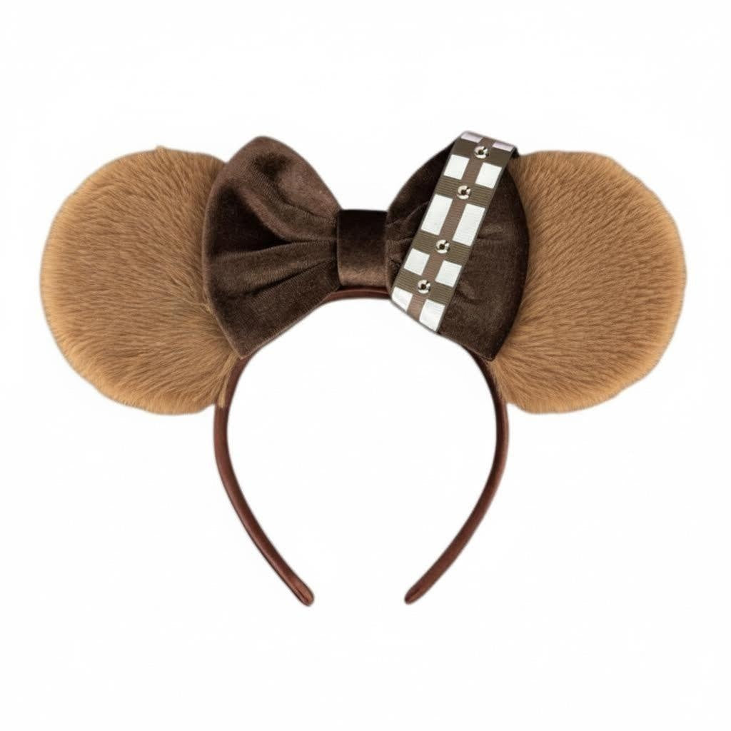 Brown faux fur Chewbacca ear headband with a brown velvet bow and a decorative strap
