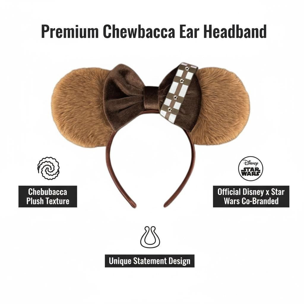 Product image of a Premium Chewbacca Ear Headband with feature callouts
