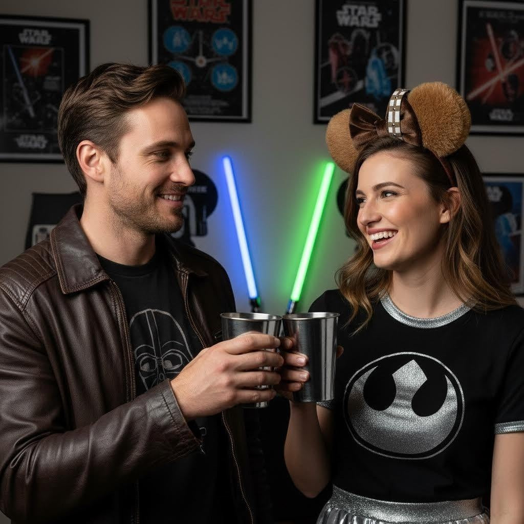Couple wearing Chewbacca ear headbands and Star Wars themed t-shirts, toasting with metal cups