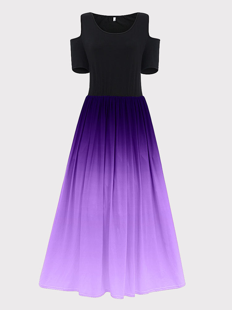 front view of a black and purple ombre maxi dress with cold shoulder sleeves