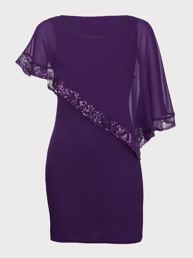 Purple dress with asymmetrical sequined cape overlay, shown on a mannequin
