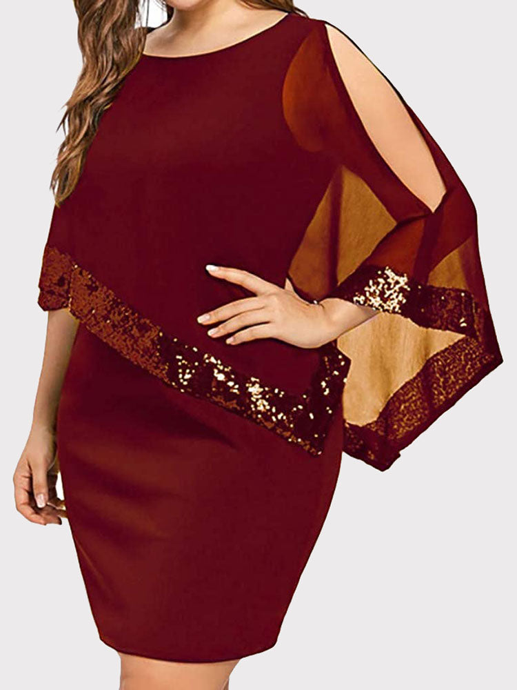 Asymmetric Sequins Dress with Cape Overlay - View 15 | Lwiis