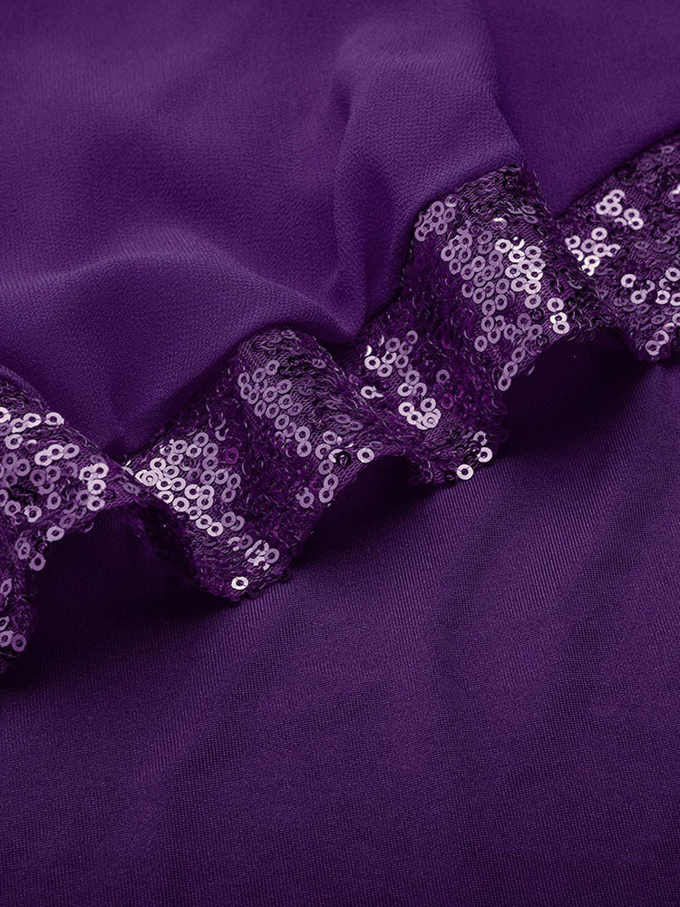 Detail of the sequined trim on a purple chiffon fabric