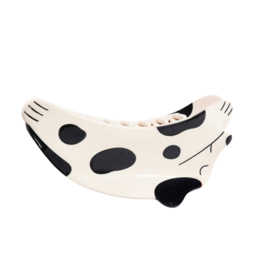 White and black cow print cat claw hair clip, other side view