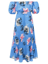 Close-up of the front of a blue floral print off-the-shoulder maxi dress with a pleated skirt and tie waist.