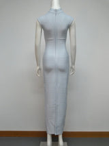 High neck knit maxi dress with ribbed texture - View 6 | Lwiis