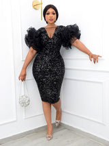 Sequin V-Neck Puff Sleeve Party Dress - View 9 | Lwiis