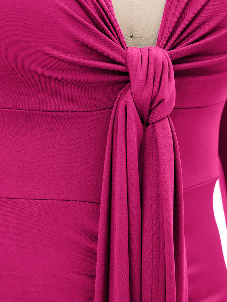 V Neck Tie Front Ruched Dress - View 8 | Lwiis