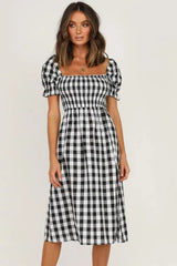 Plaid Midi Dress with Puff Sleeves - View 6 | Lwiis