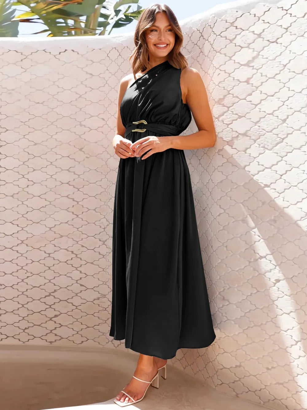 Asymmetrical neckline midi dress - View 15 | Lwiis