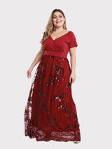 Elegant sequined floral applique maxi dress with V-neckline and short sleeves - View 6 | Lwiis