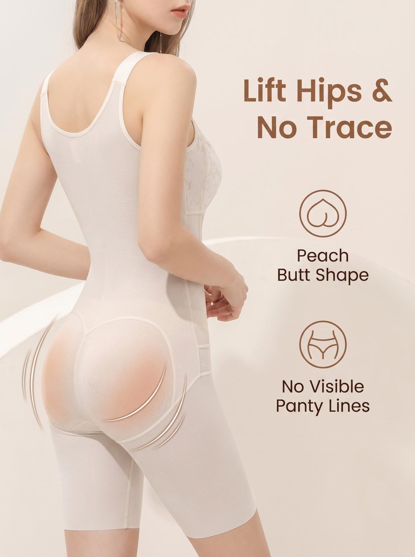 Close-up of the back of a beige full body shaper, highlighting the butt lifting and seamless design features.