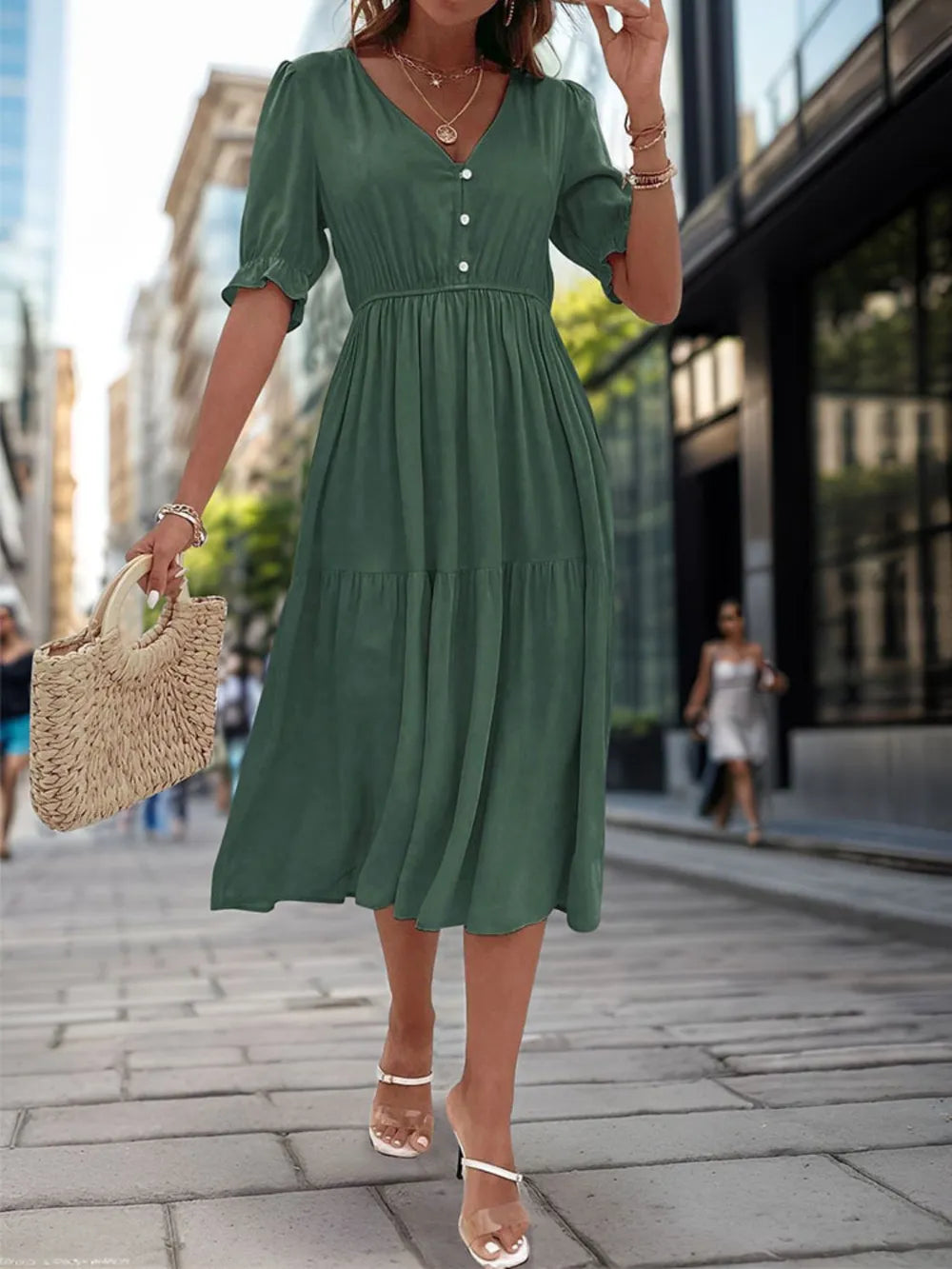 V-neck midi dress with puff sleeves - View 13 | Lwiis