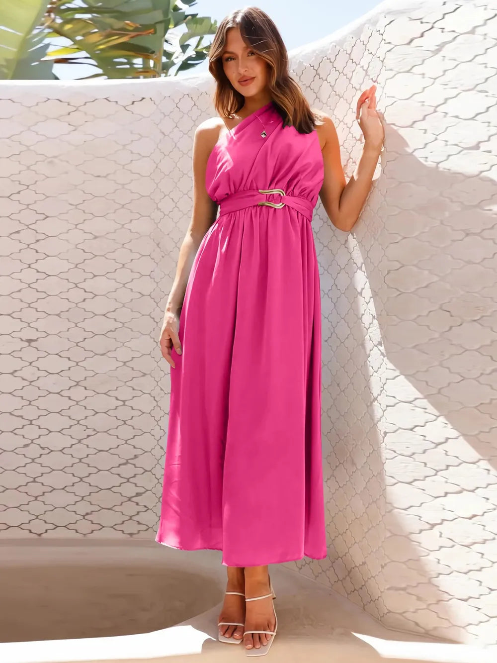 Asymmetrical neckline midi dress - View 8 | Lwiis