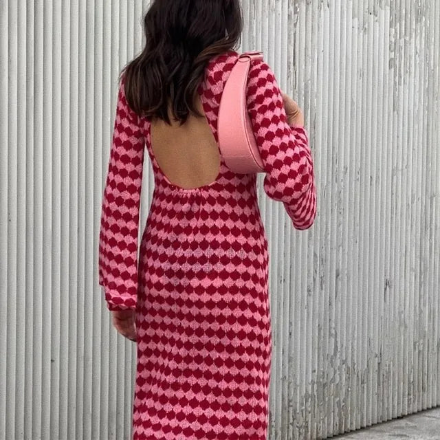 Geometric print knit midi dress with bell sleeves - View 6 | Lwiis