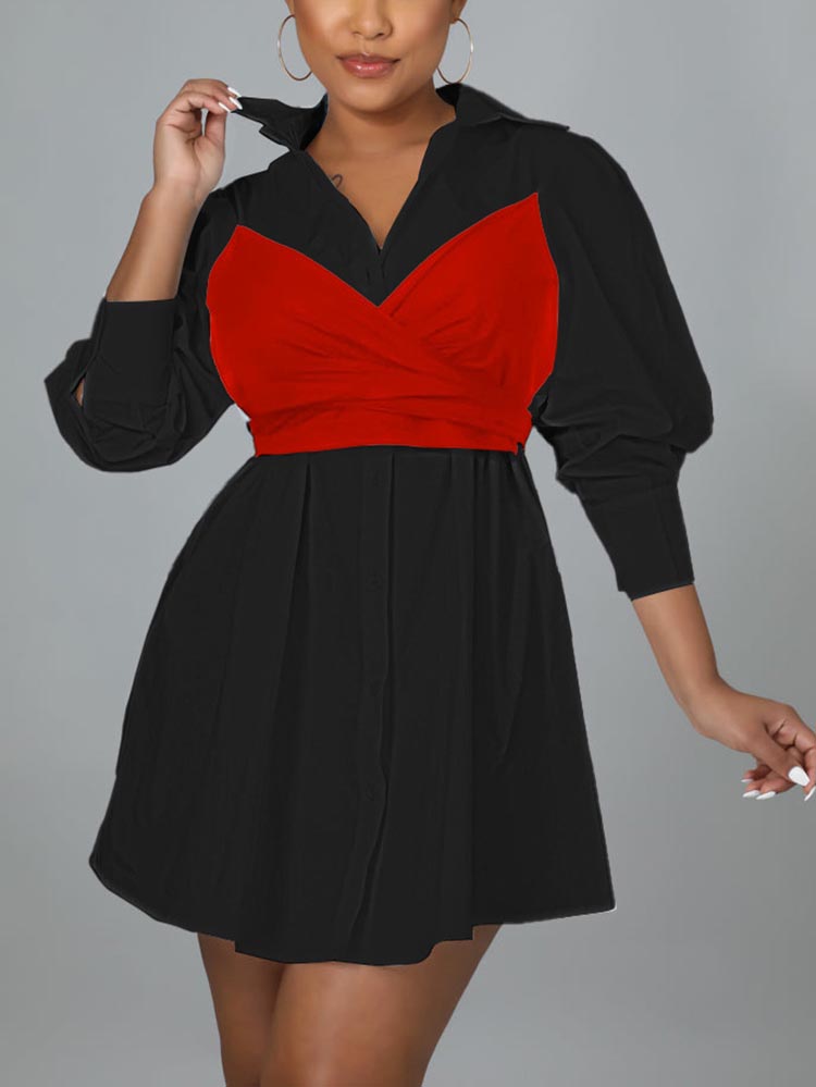 Patchwork Lace Up Shirt Dress - View 15 | Lwiis