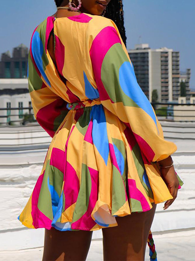 Tie dye V neck mini dress with belt - View 9 | Lwiis