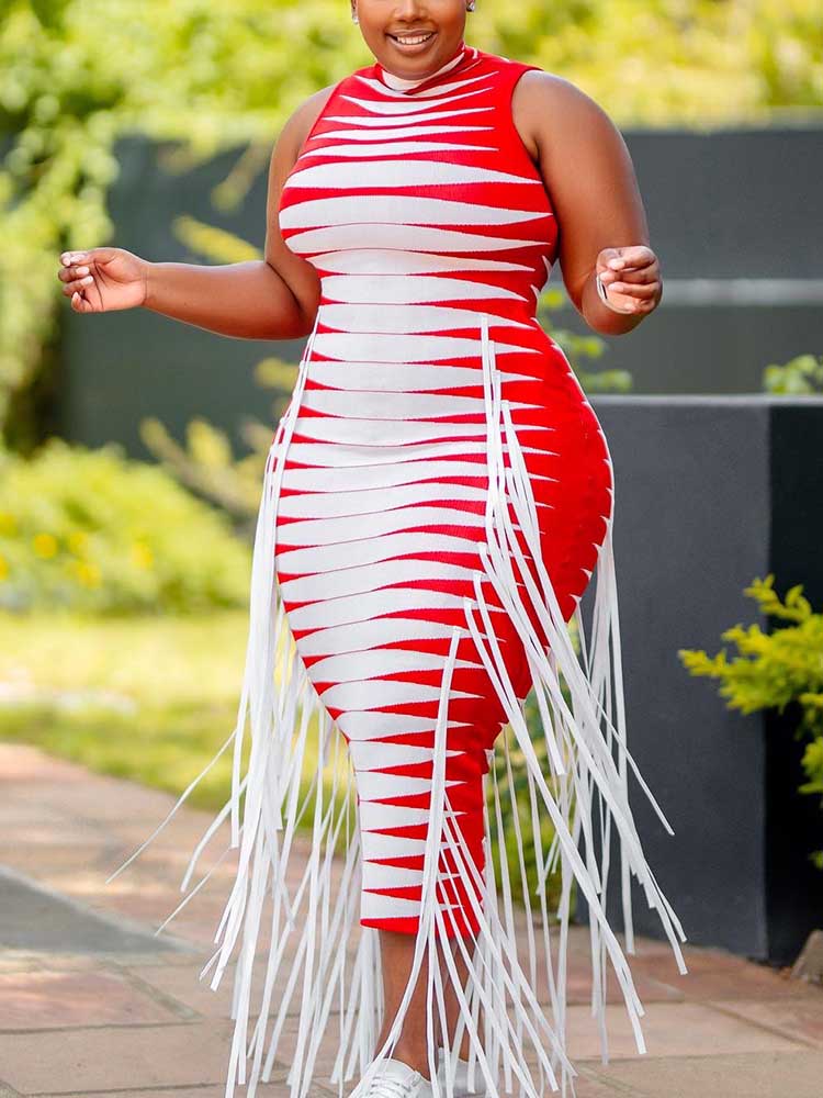Striped knit midi dress with high neckline and fringe detailing - View 11 | Lwiis