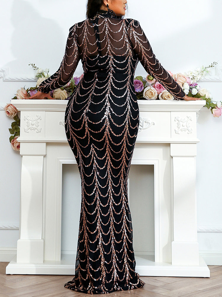 Sequin evening gown with mock neckline and long sleeves - View 7 | Lwiis