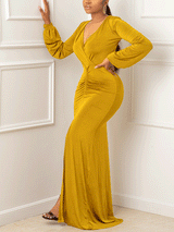 Ruched V-neck Maxi Dress with Slit - View 11 | Lwiis