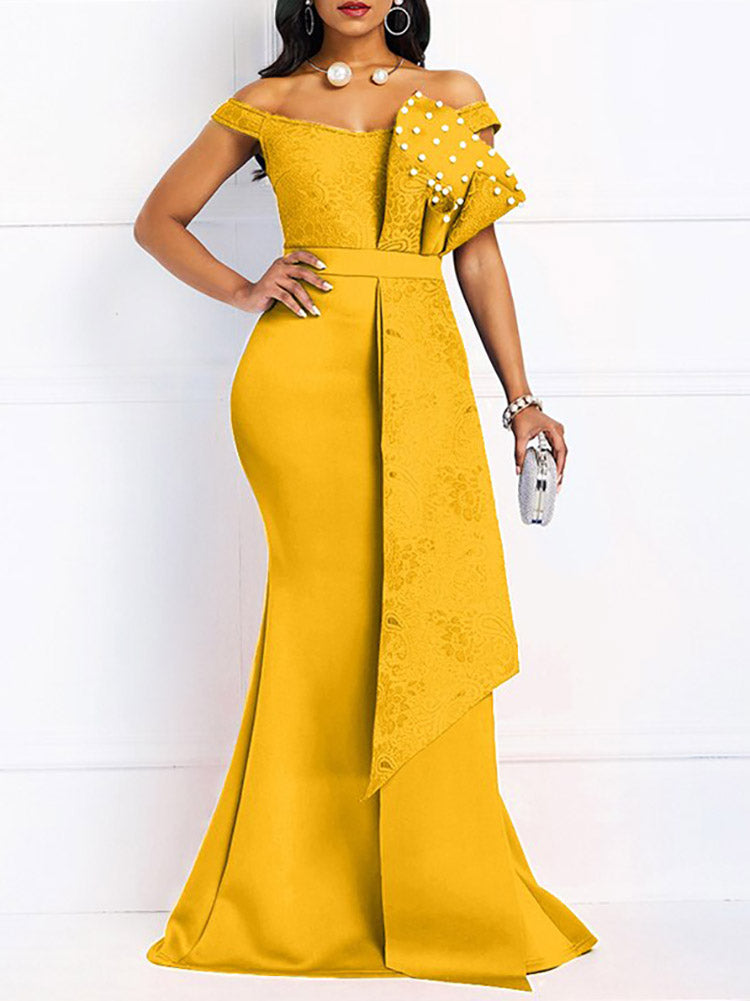 Mermaid formal maxi dress with off-the-shoulder neckline and satin fabric - View 8 | Lwiis