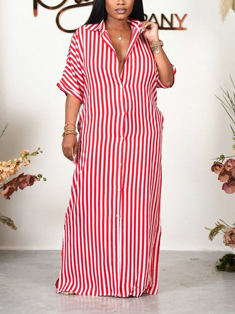 Full-length view of a woman in a red and white striped maxi dress.