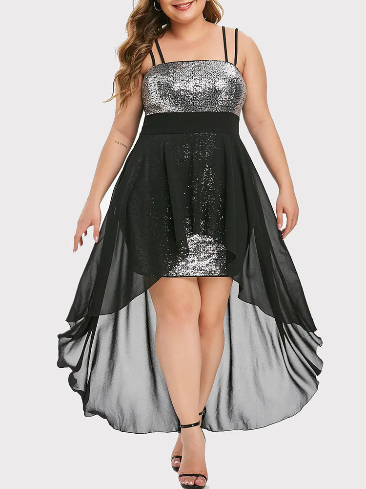 Front view of a plus-size model wearing a black and silver sequined high-low dress with a chiffon overlay.