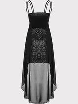 Back view of a black and silver sequined high-low dress with a chiffon overlay.