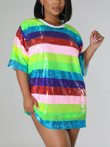 Close-up of the sequined fabric on the t-shirt dress.