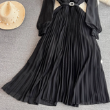 Pleated A-line maxi dress with belted waist and collared neckline - View 11 | Lwiis