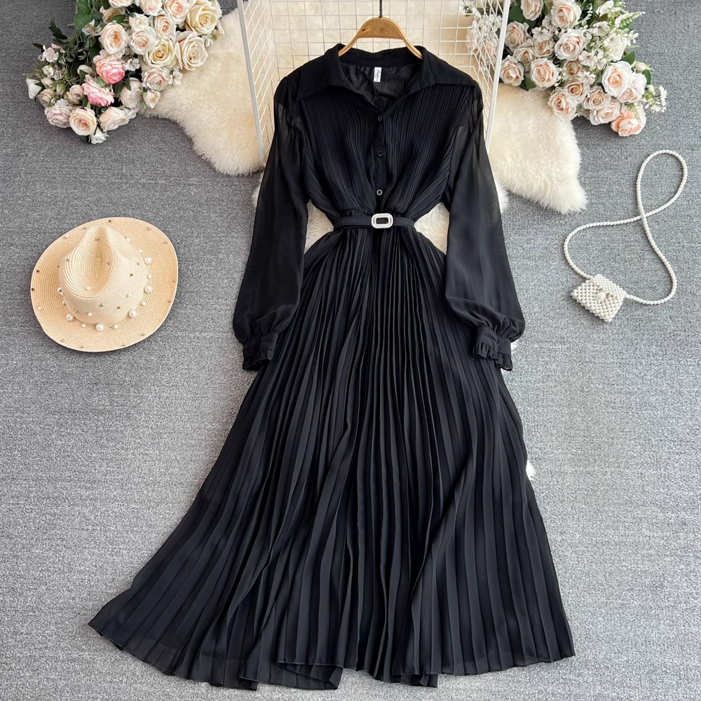 Pleated A-line maxi dress with belted waist and collared neckline - View 12 | Lwiis