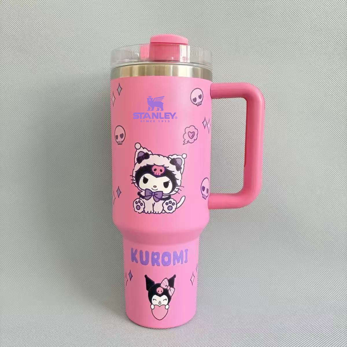 Stanley 40oz insulated tumbler featuring Kuromi character illustrations, pastel purple design