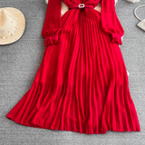 Pleated A-line maxi dress with belted waist and collared neckline - View 20 | Lwiis