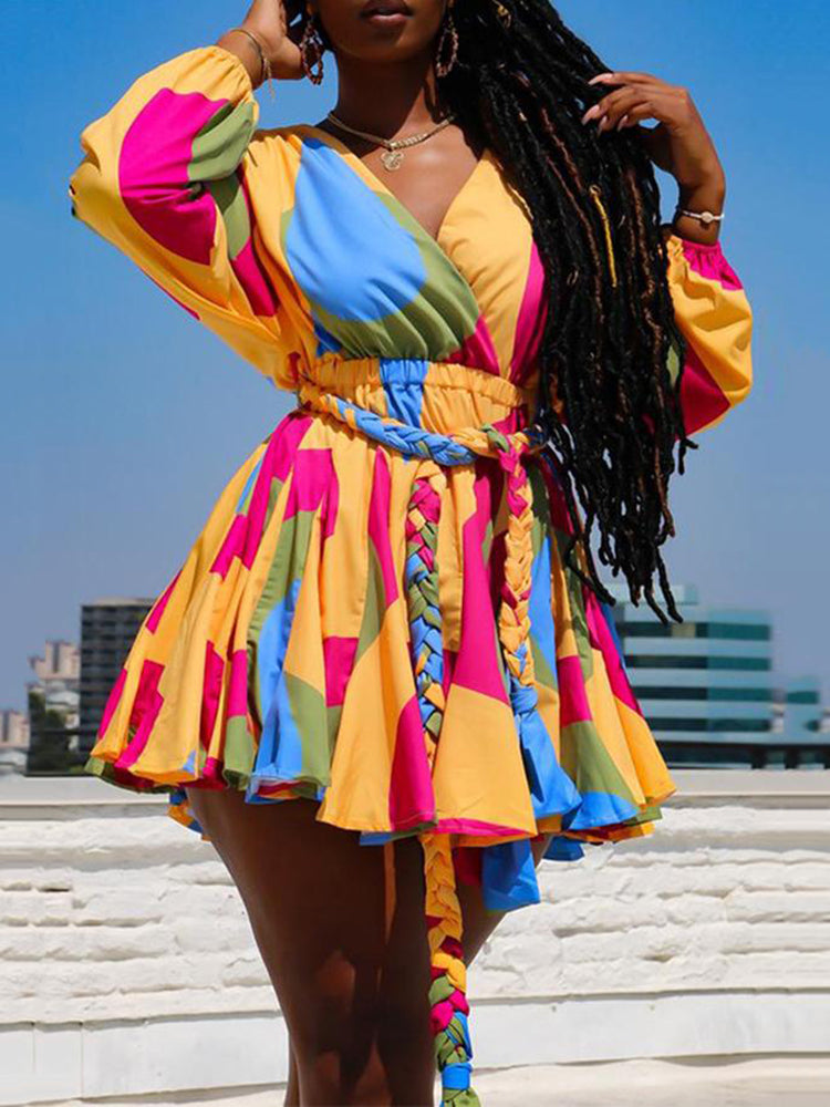 Tie dye V neck mini dress with belt - View 8 | Lwiis