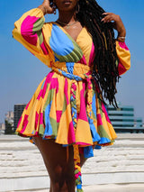 Tie dye V neck mini dress with belt - View 8 | Lwiis