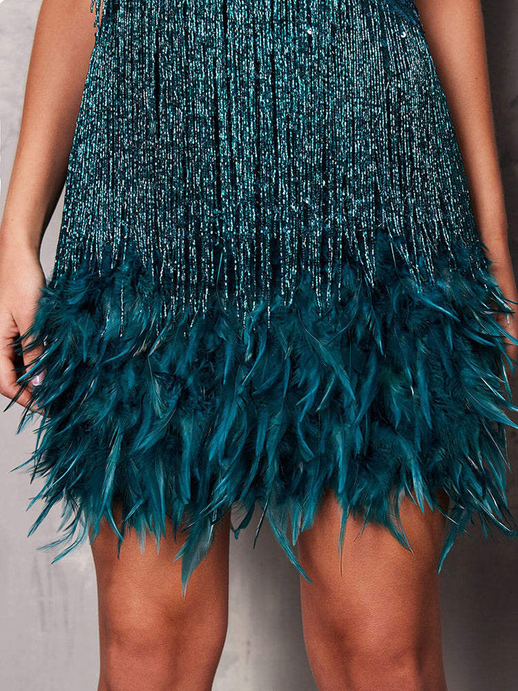 Sequin Feather Mini Dress - View 6 | Lwiis