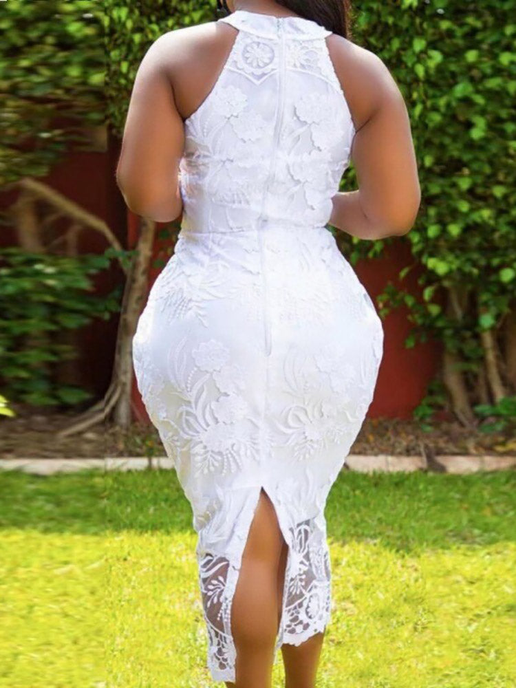 Back view of a woman in a white lace bodycon dress with a halter neckline and a back zipper.