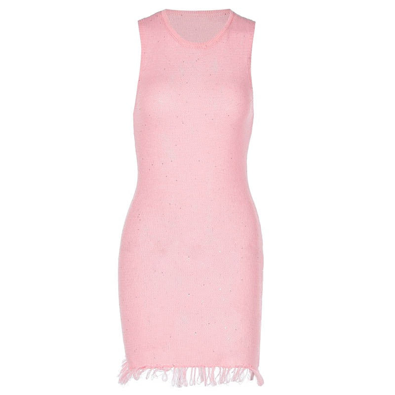 Metallic knit mini dress with fringe hem - View 7 | Lwiis
