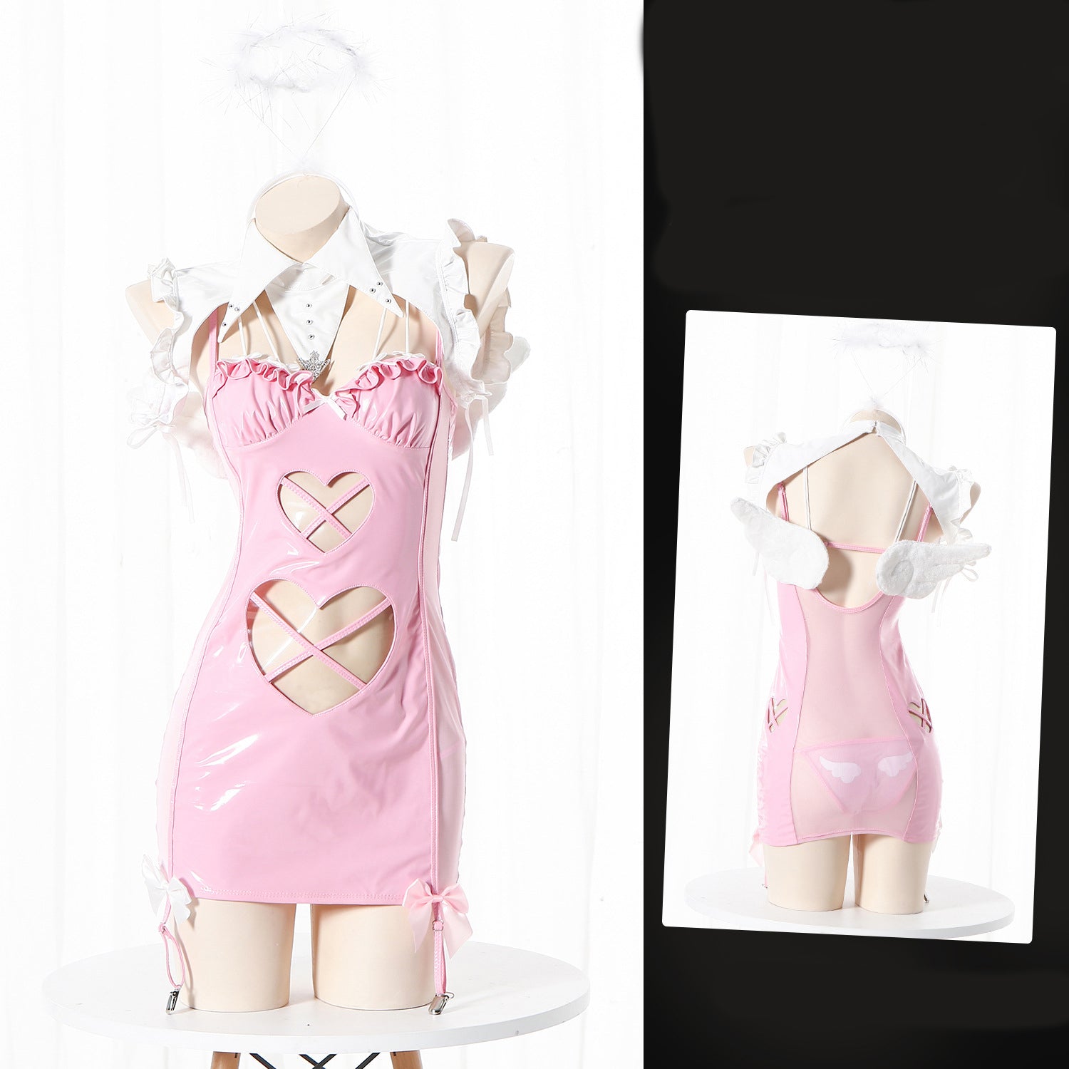 Pink patent mini dress with harness detail, cut-outs, bows, ruffled collar, and angel wings.