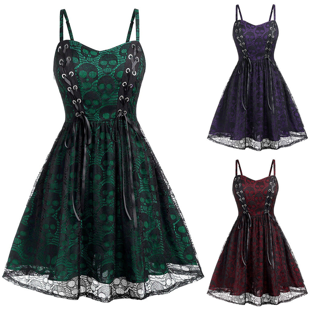 green and black lace skull print fit and flare dress with lace-up bodice