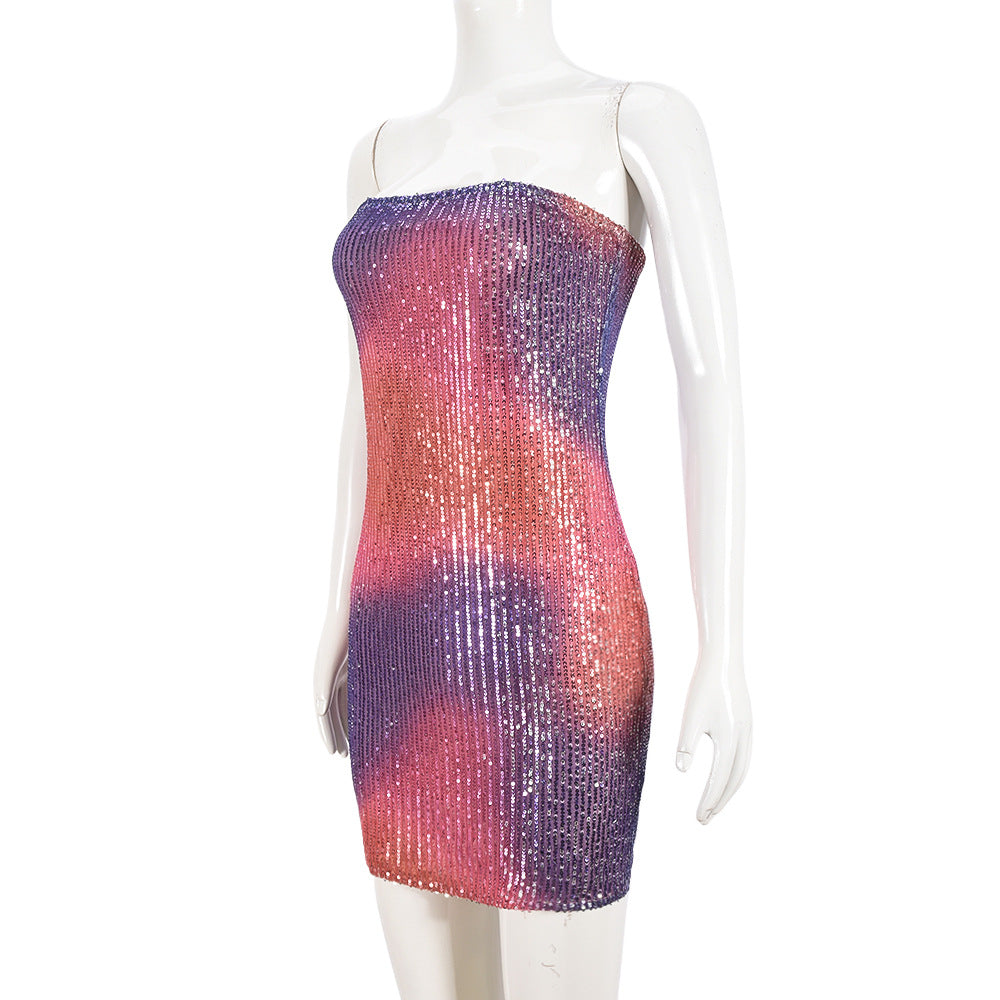 Purple sequin mini dress with strapless neckline - View 6 | Lwiis