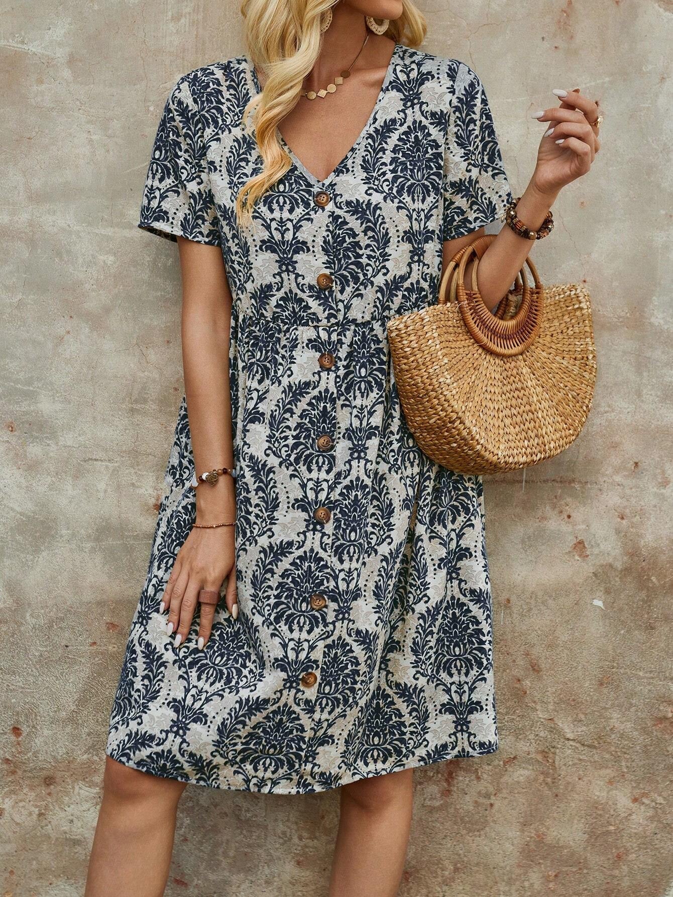 Printed V-Neck Midi Dress - View 8 | Lwiis