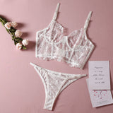 Sheer Mesh Floral Embroidery Lace Corset Sexy Lingerie Set